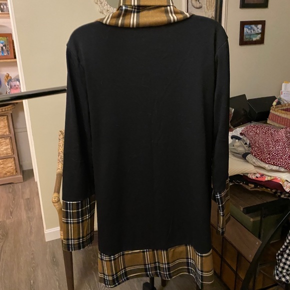 Youtalia black dress / tunic with brown plaid collar and trim Size L - Picture 3 of 7